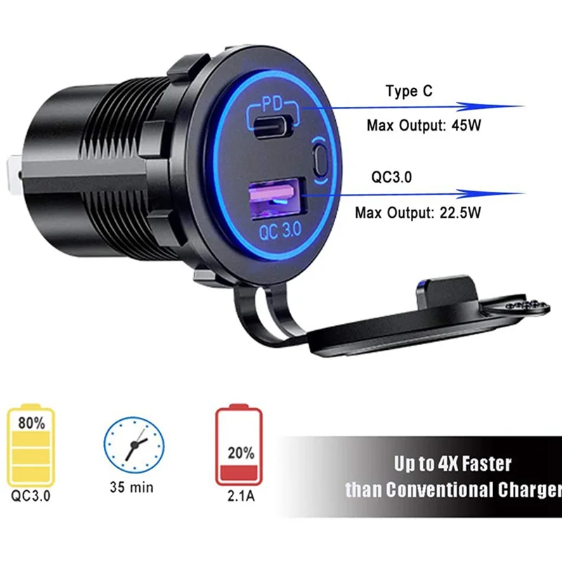 

5X PD Type C USB Car Charger And QC 3.0 Quick Charger 12V Power Outlet Socket With ON/Off Switch Blue-A74Z