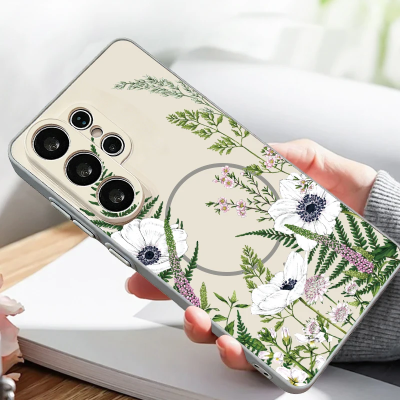 White Flower Leaves Magnetic Phone Case For Samsung Galaxy S25 S26 Ultra S24 S23 FE A17 A56 A37 A16 A35 A55 A15 A36 A54 Cover