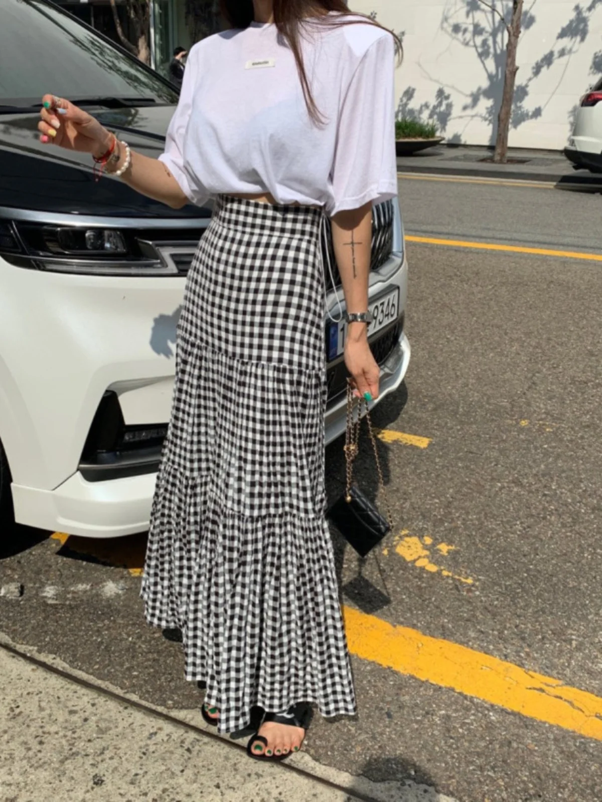 تنورة كلاسيكية منقوشة للنساء Dstring الخصر التخسيس مطوي كشكش الربط متوهج ألف خط تنورة الكورية Sle تخفيف