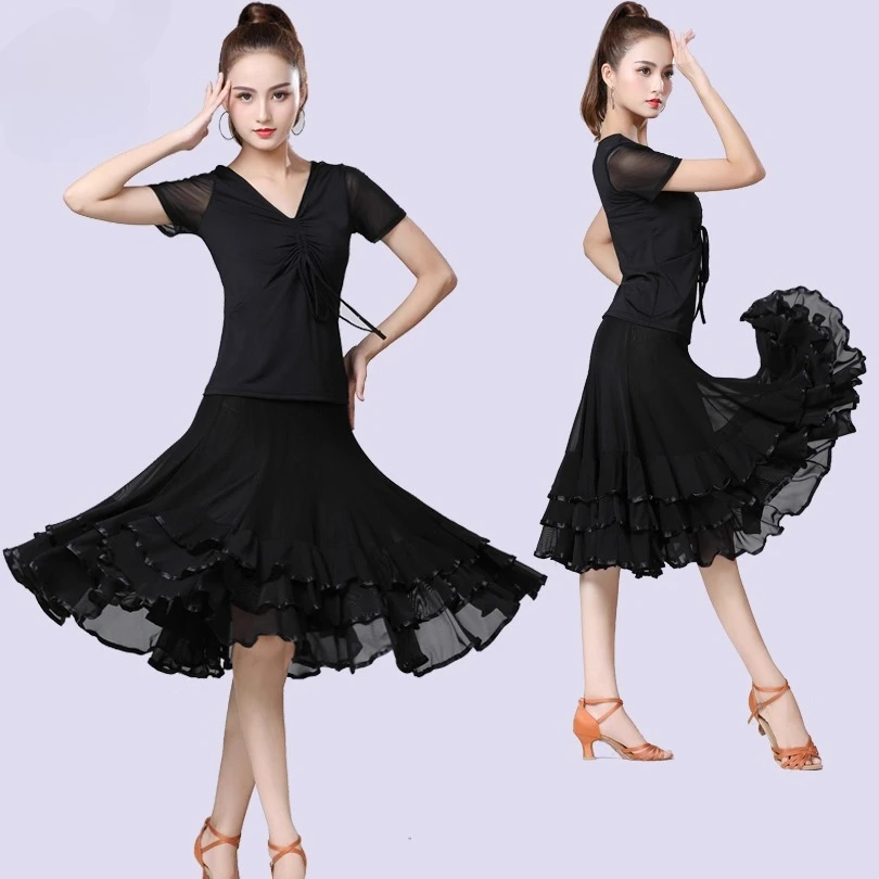 

customized women's adult jazz modern dance costumes ballroom dance competition costumes tops skirts training and performance set