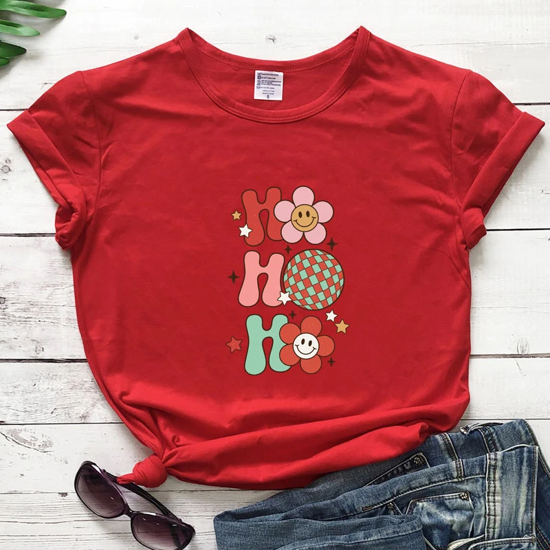 colored christmas ho ho ho tshirt vintage women short sleeve groovy christmas top tee shirt