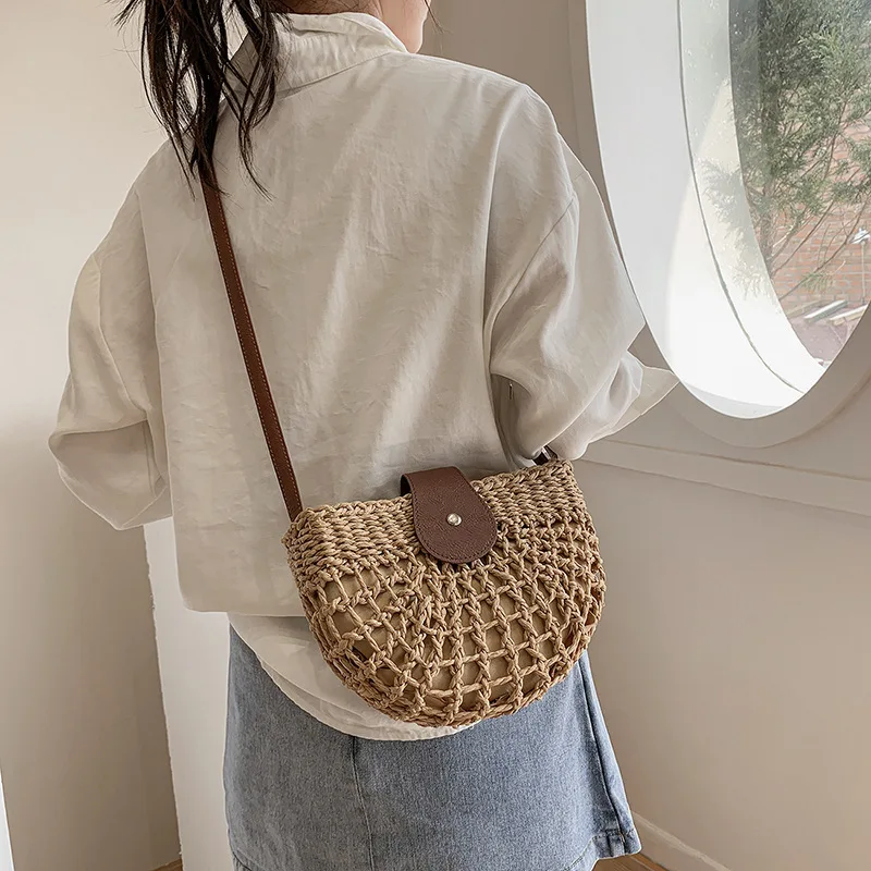 Yogodlns Sommer Stroh Tasche Für Frauen Mode Halbkreis Umhängetaschen Rattan Handgemachte Messenger Handtasche Reise Strand Taschen Tote – Detail 9