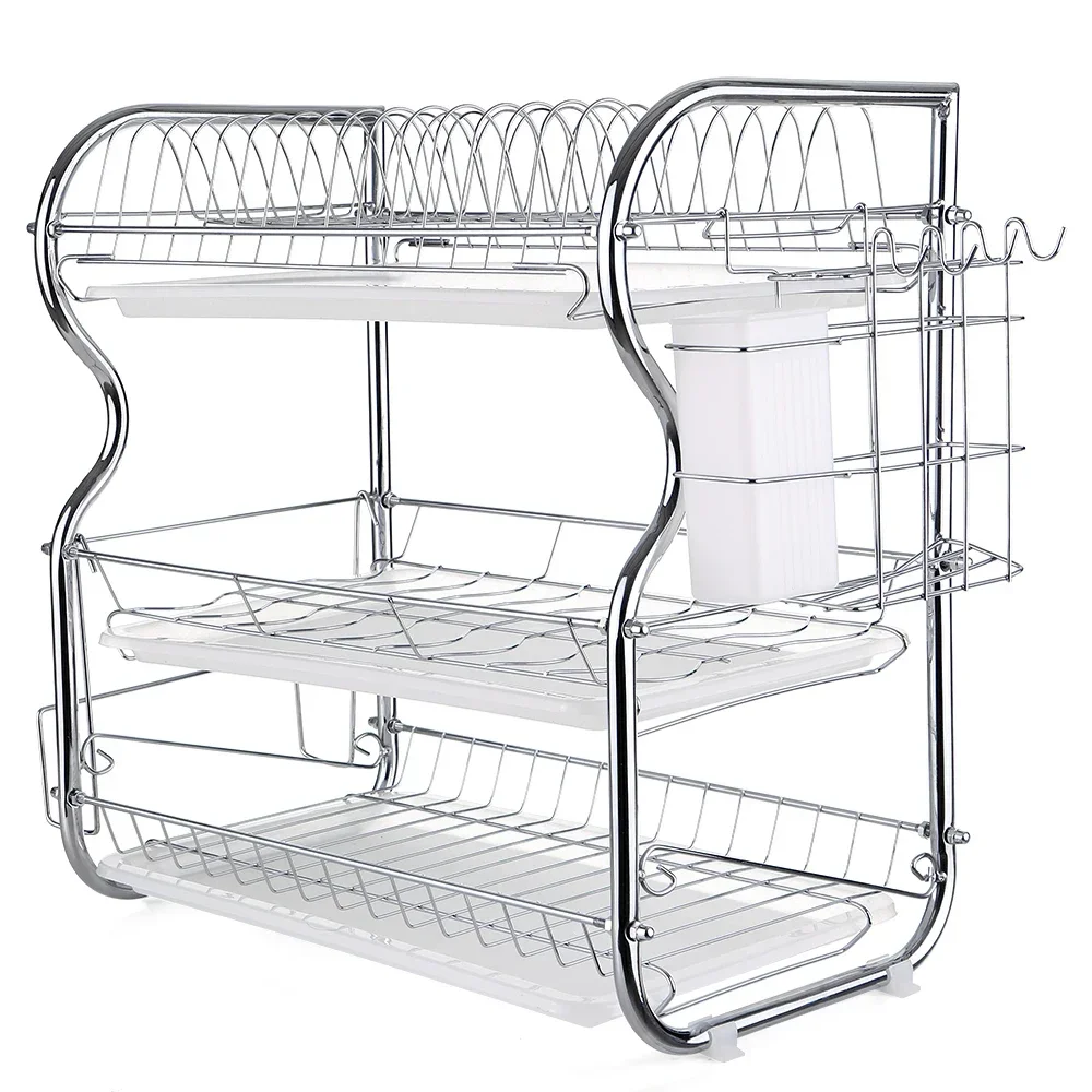 

Multi-functional 3-Tier Dish Rack Kitchen Supplies Storage Rack Draining Rack with Chopsticks/Knives/Cutting Board Holder