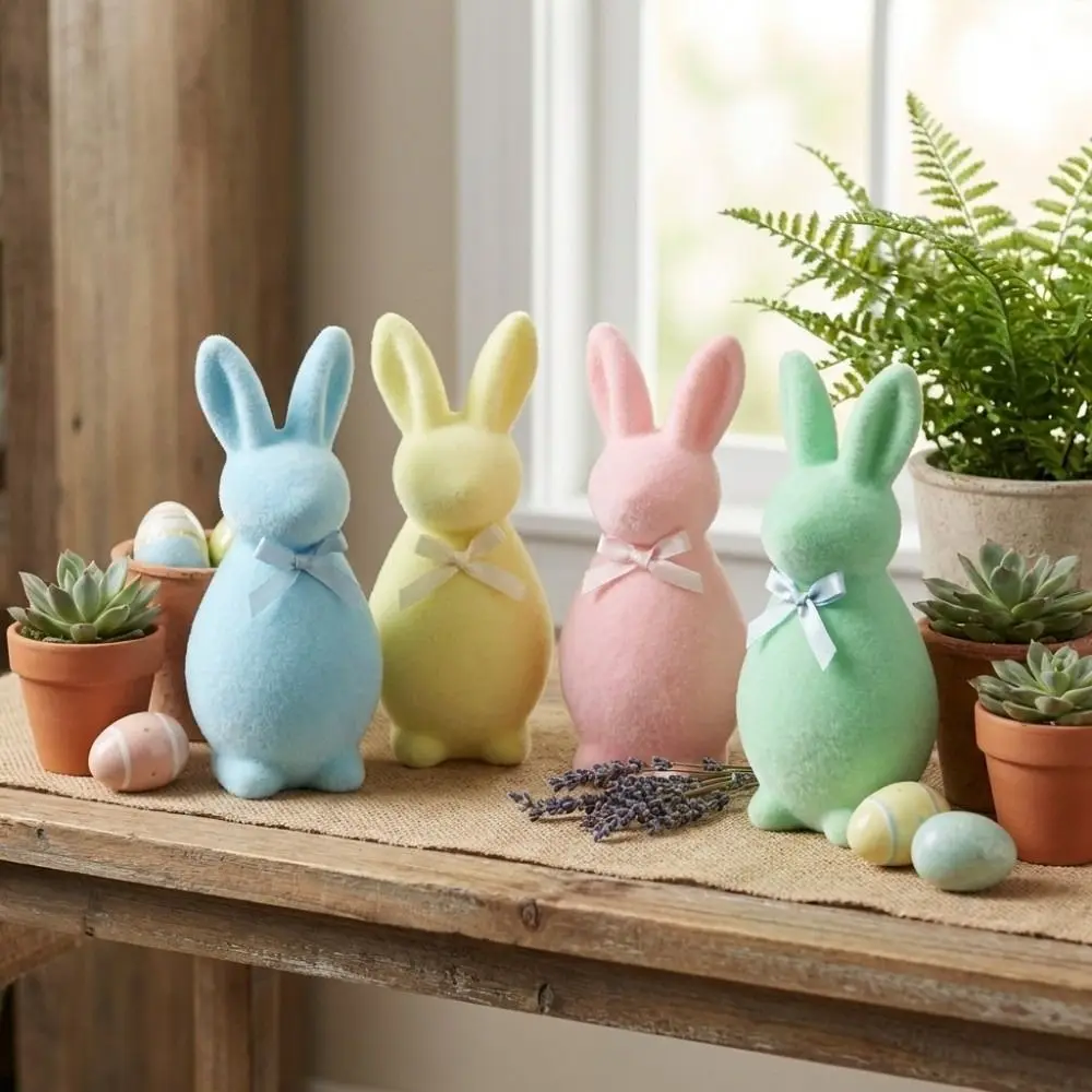 Oster-Feiertagsdekoration Schaumstoff-Beflockte Hasenfiguren mit Schleife Osterhase Statue Einfarbige 3D Stehende Hasenskulptur Gartendeko