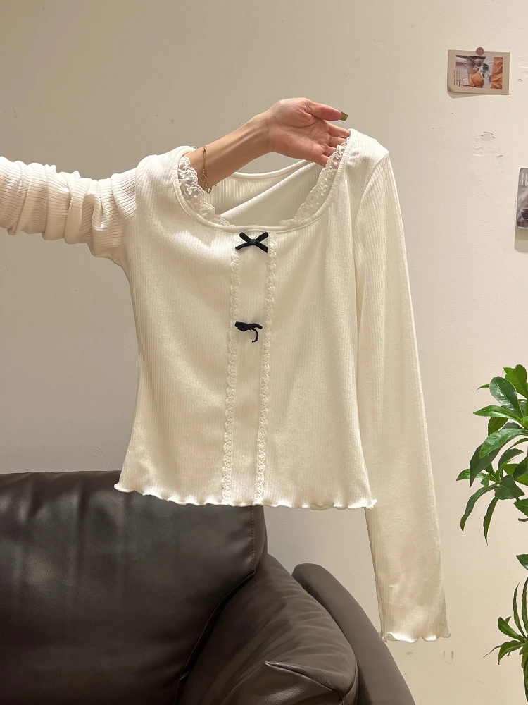 

Новый осенний дизайн, кружевная модная футболка, женская милая футболка с бантом, тонкие топы с длинными рукавами, Harajuku Chic Y2k, милая корейская популярная одежда