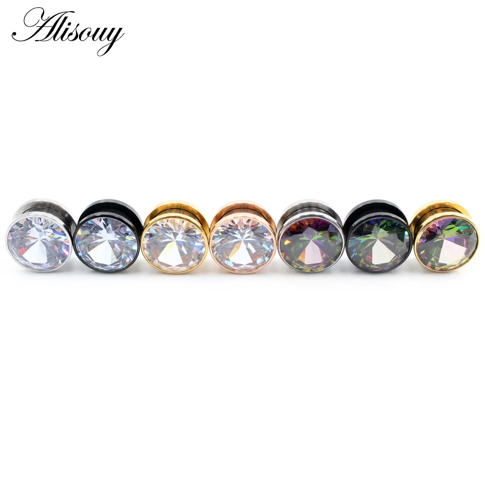 Alisouy 2PC Double Flared Ear Plug Tunnel Stainless Steel Screw Back Colorful Zirconia Earrings Gauges Expander Piercing Jewelry