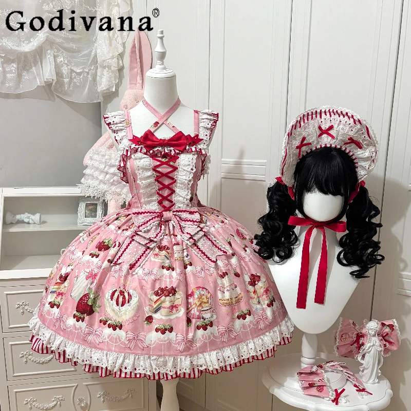 

Original Pink Strawberry Dress Jsk Japanese Kawaii Girl's Cute Bow Lace Stitching Lolita Dress Princess Birthday Party Dresses