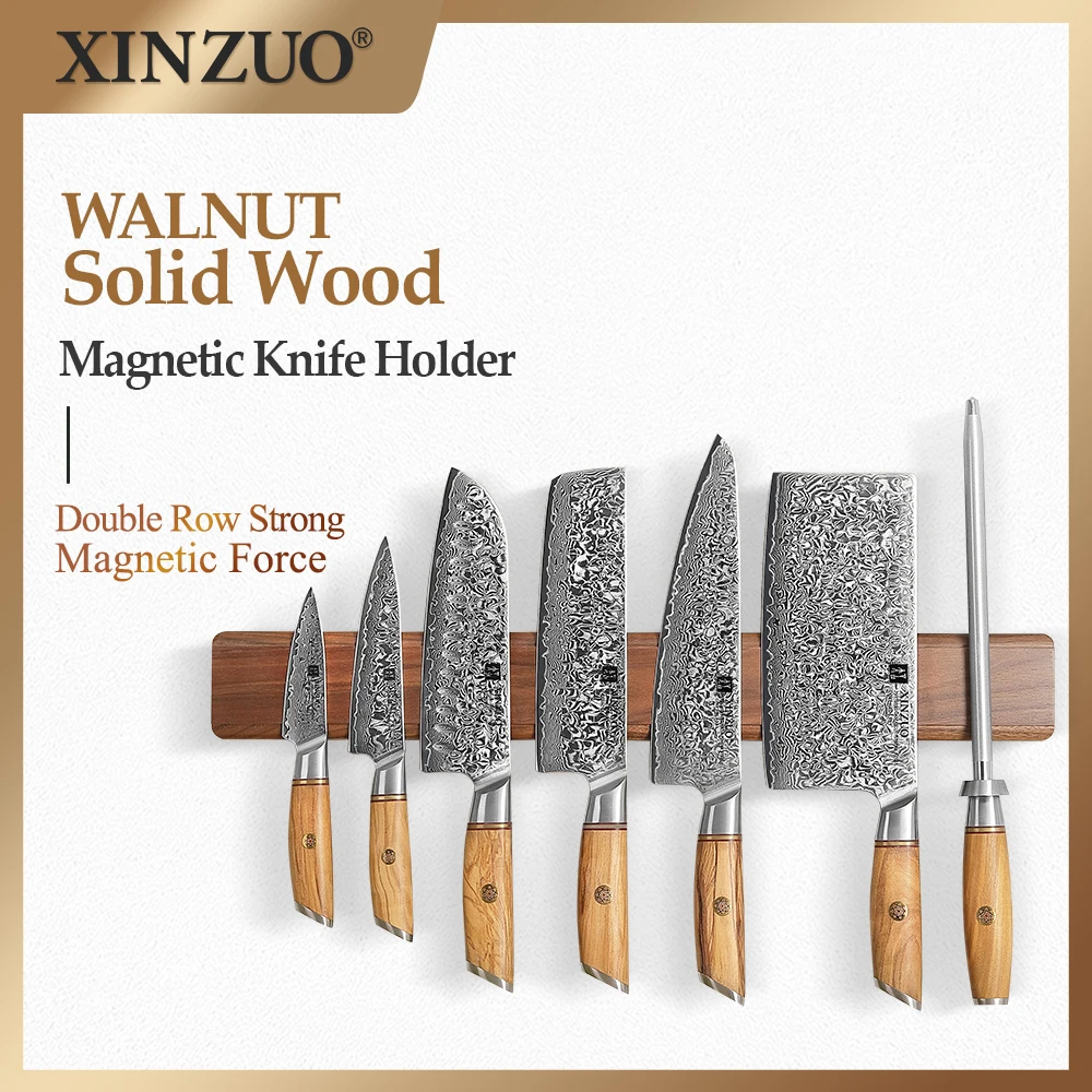 XINZUO Kitchen Knife Storage Rack 50CM Walnut Solid Wood Nail Installation Sturdy And Durable Magnetic Knife Holder