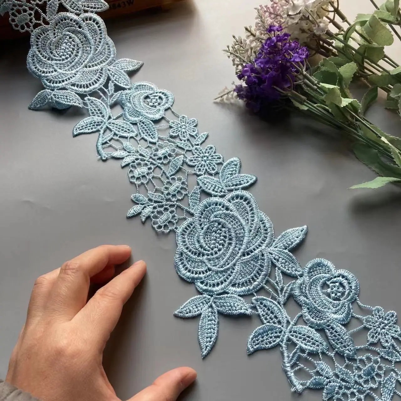 2 yard Blue 12cm Polyester Pearl Flower Embroidered Lace Trim Ribbon Fabric Handmade DIY Wedding Dress Sewing Supplies Craft Hot