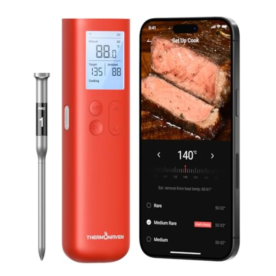 

Умный беспроводной Bluetooth-термометр для мяса с улучшенным сигналом 10X Sub-1G и стабильностью, автономная дисплейная база, сертифицированная точность ±
