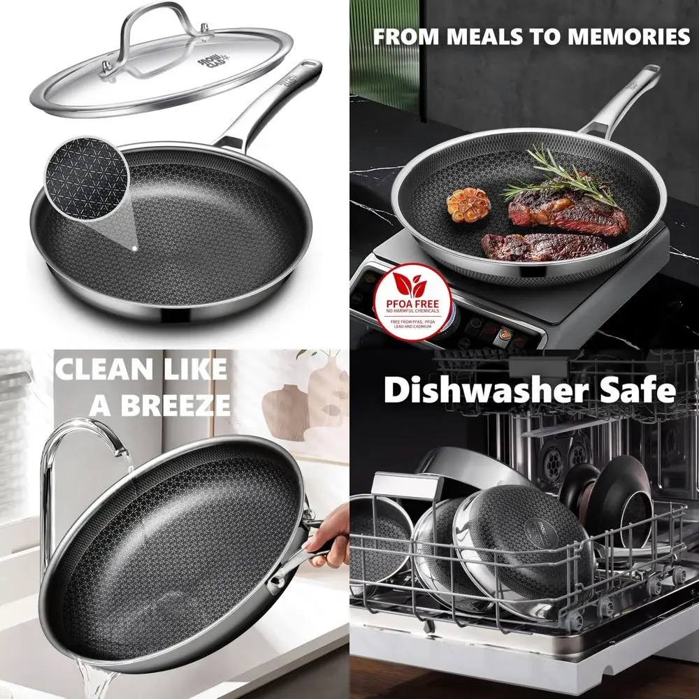 

12 Inch Nonstick Hybrid Frying Pan with Lid, Stainless Steel Skillet, Dishwasher and Oven Safe, Ideal for Easy Cooking and Clean