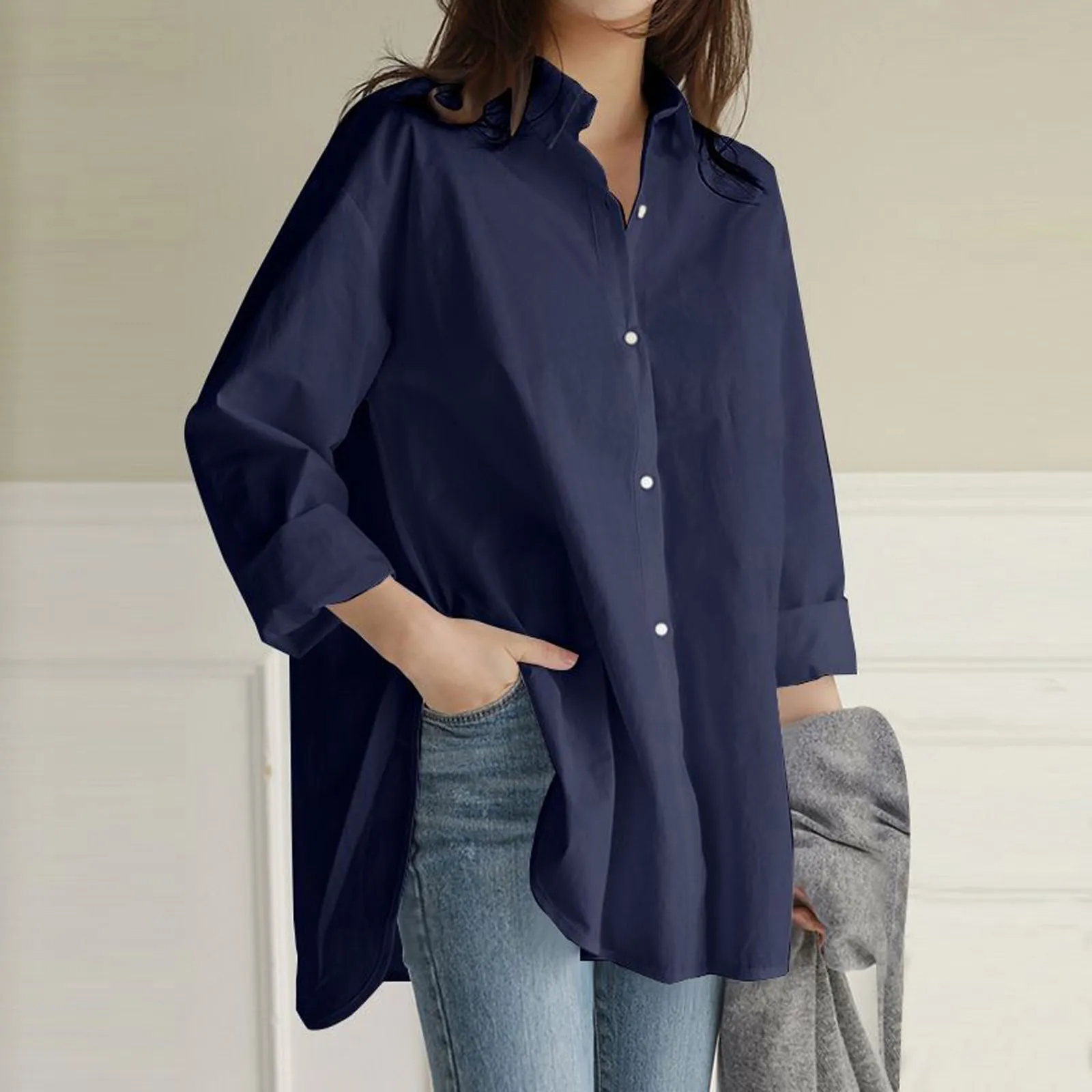 Chemise à Manches sulfet Col Rabattu pour Femme, Vêtement Décontracté, de Couleur Unie, avec Poches, de Grande Taille