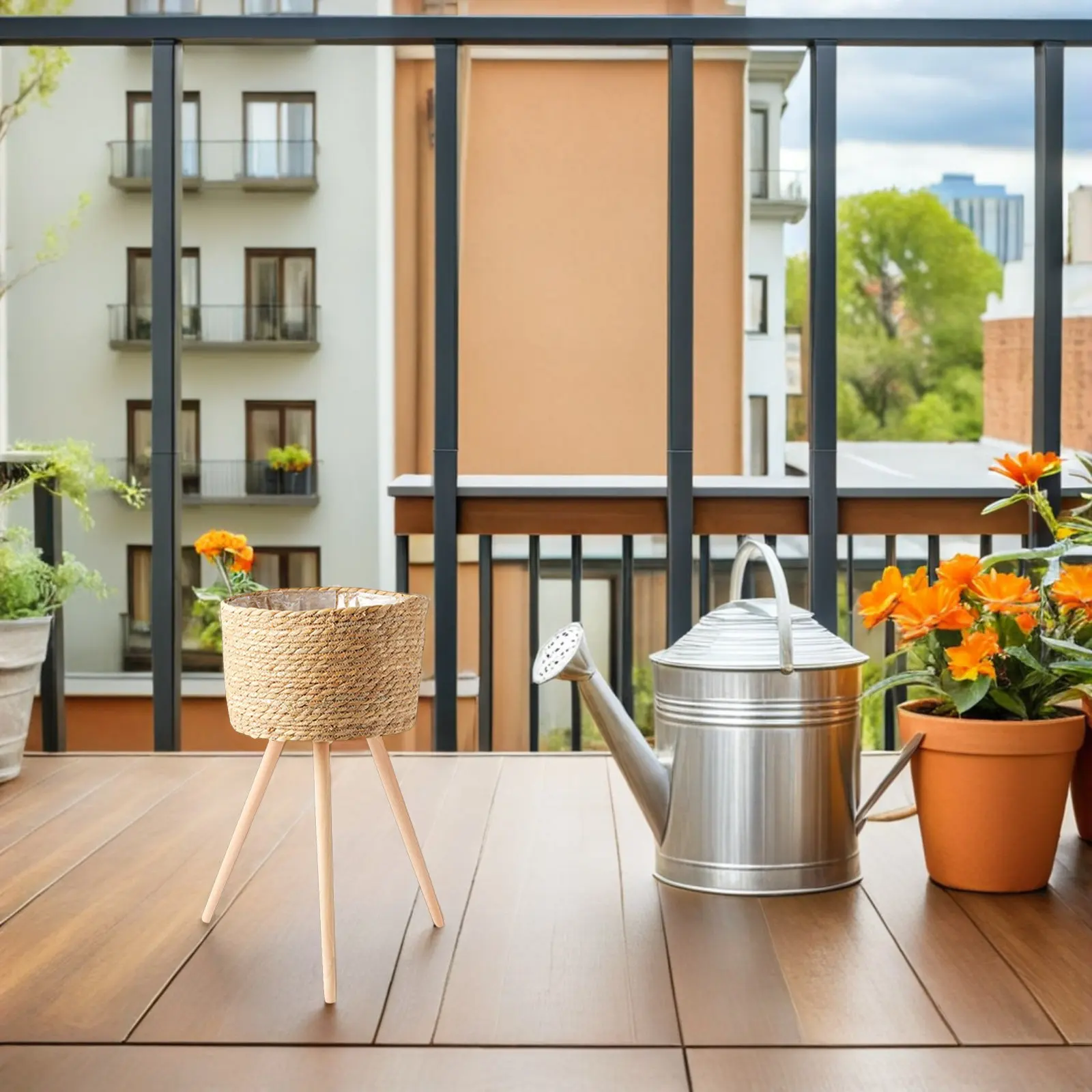 織り模様のしっかりとした木製プラントスタンド、鉢植えに最適、フラワーポットベース、屋内屋外スペースセーバー、プランターバスケット