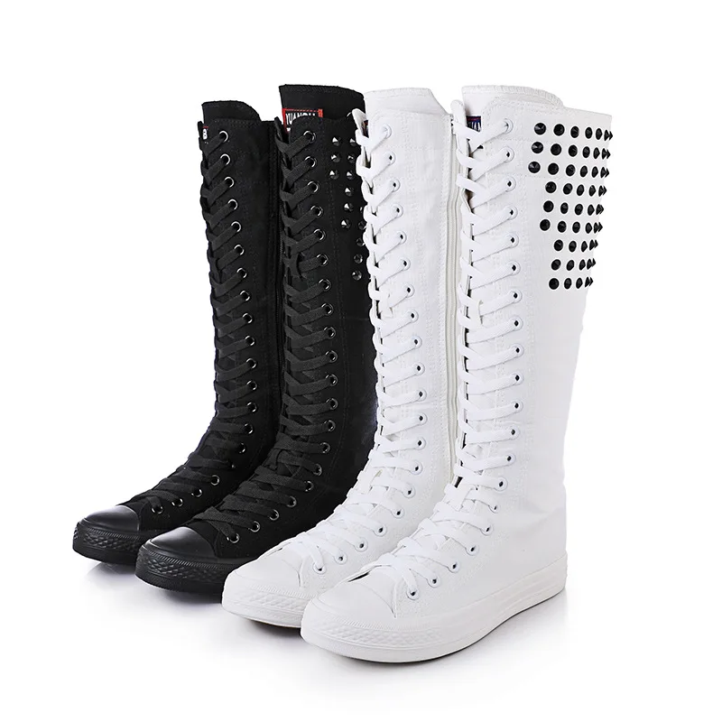 Women's Knee High Canvas Boots Long Rivet Lace Up Casual Sneakers Flat Platform Shoes for Women Trend Woman's Shoes Botas Mujer