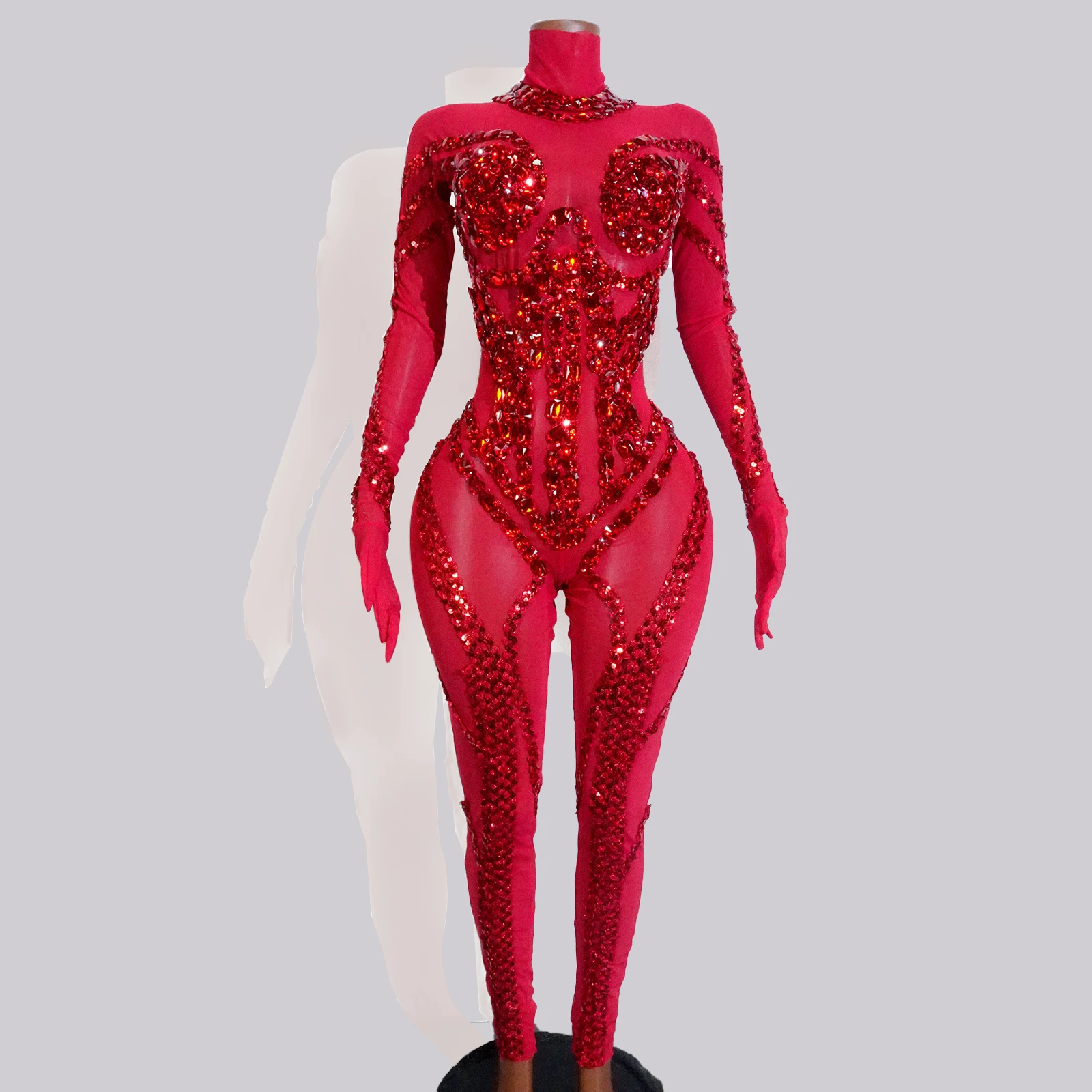Kostium Showgirl Prześwitujący Brokatowy Czerwony Kombinezon z Cyrkoniami Cekiny Strój Sceniczny Klubowy na Występ Taneczny Imprezę Gogo Drag