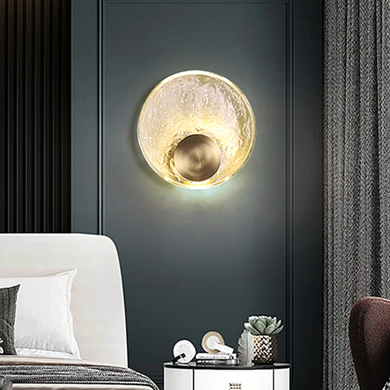 

Light Luxury Round Crystal Wall Lamp Bedroom Bedside Glass Living Room Sofa Background Simple Designer Creative Lighting