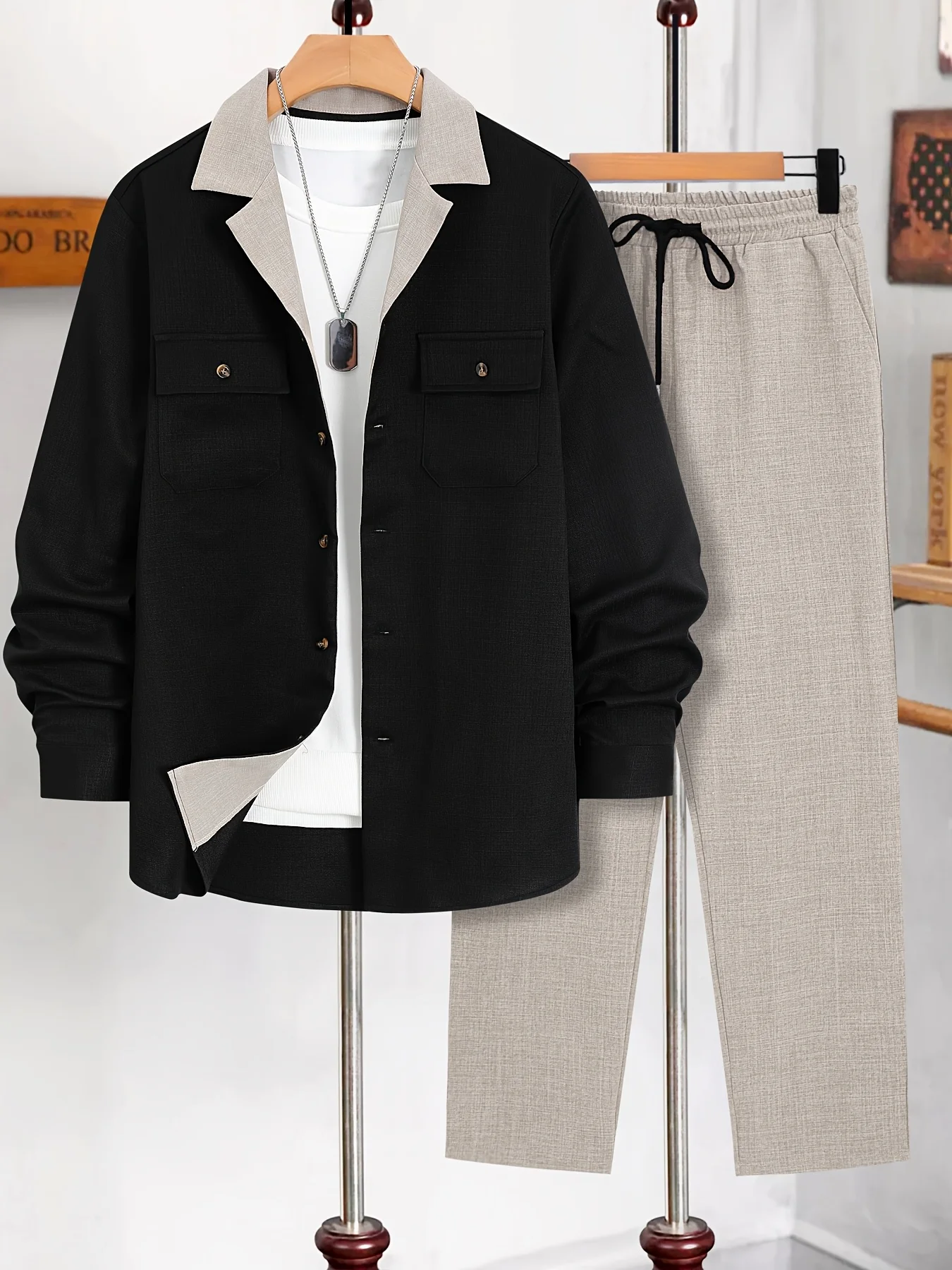 Мужская однотонная рубашка с длинными рукавами на пуговицах спереди и брюки с завязками на талии, топ стандартного кроя с длинными рукавами и вырезом с лацканами и карманами Tro