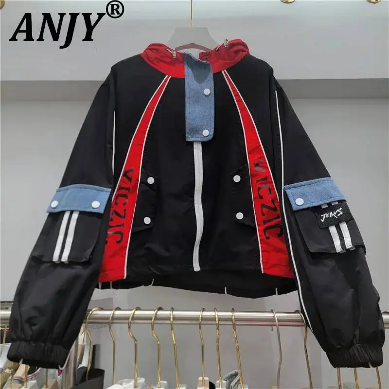 ANJY Spring Autumn New Women American Style Color Blocked Hooded Jacket Letter Print Patchwork Denim Ins Loose Short Coat A25898