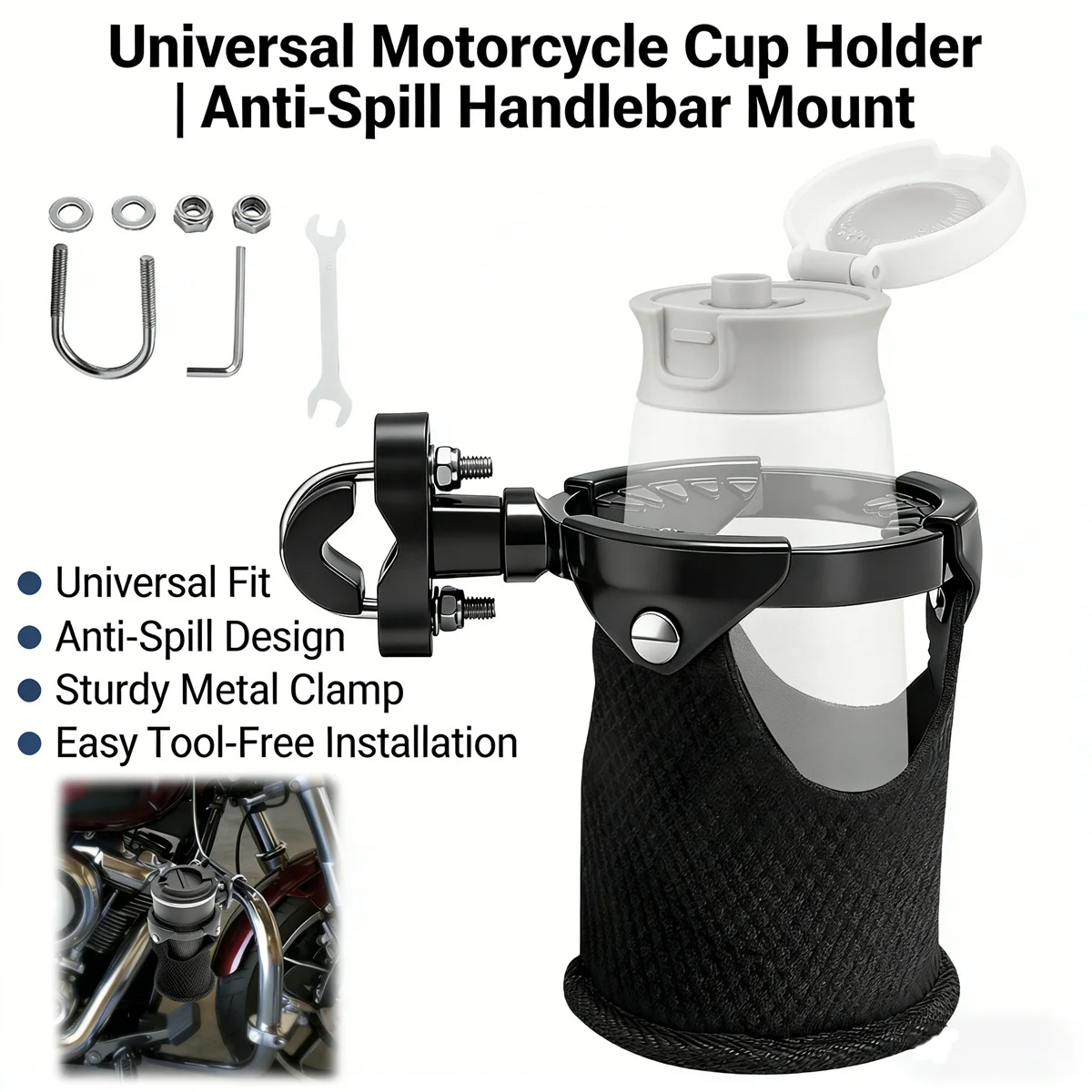 

360° Swivel Mount Motorcycle Cup Holder Large Capacity Motorcycle Drink Holder for 7/8" to 1 1/4" Handlebar/Bumper/Pole Mount