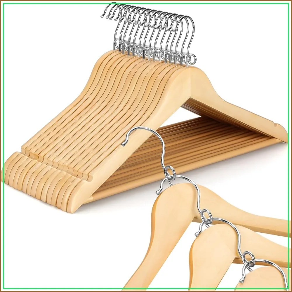 

30-Pack Space Saving Wooden Hangers with 360° Swivel Hooks, Non-Slip Pants Bar & Shoulder Notches for Coats, Suits, Jackets