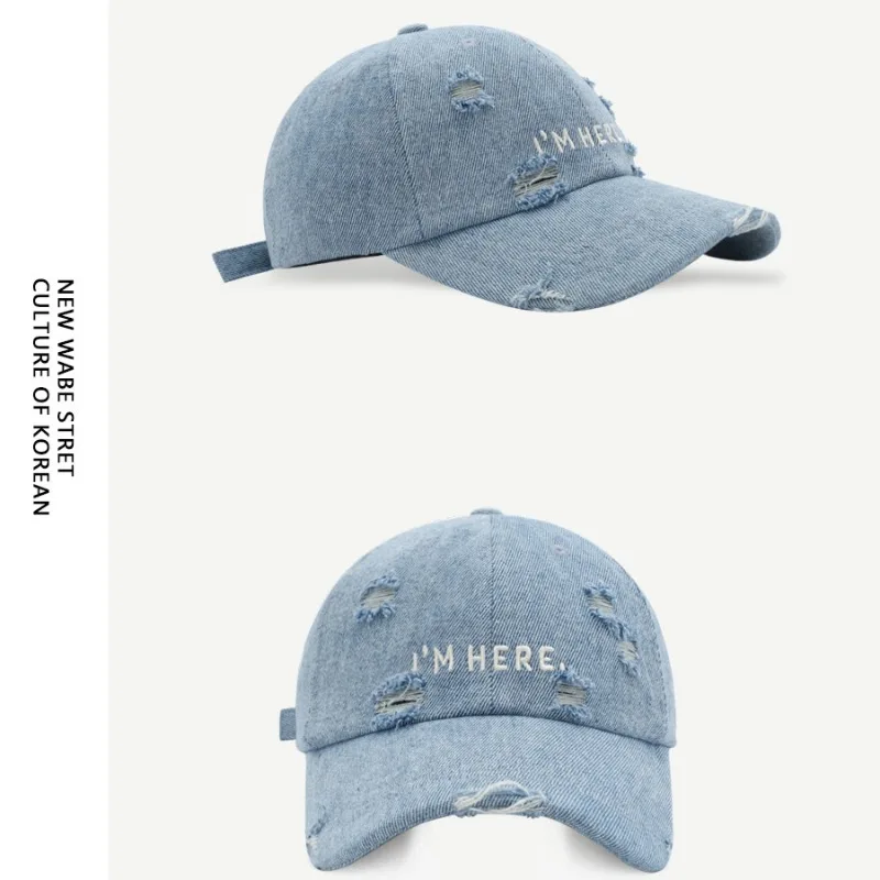 Japanese Men's and Women's Retro Old Ripped Denim Baseball Hat Street Fashion Letter Embroidery Adjustable Hip-hop Sports Cap