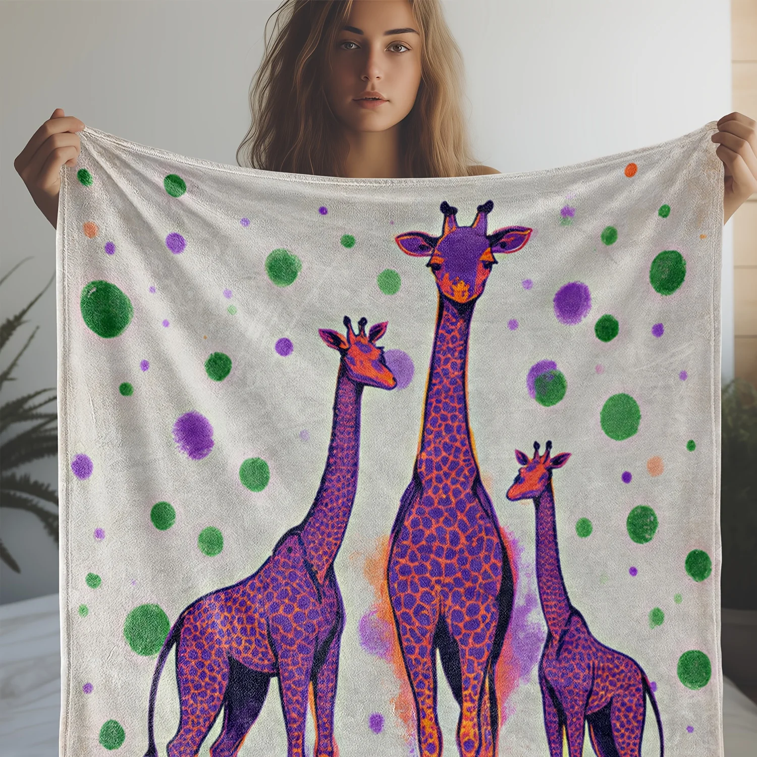 1pc Zeal Lily Flannel Blanket - Soft Warm Throw with Giraffe Pattern, Purple & Green Accents - All-Season Couch, Bed, Travel