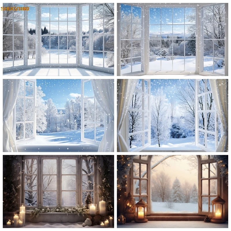 

Winter Forest Window Scene Photography Backdrop Blue Sky White Snowy Natural Landscape Xmas New Year Photo Background Decor