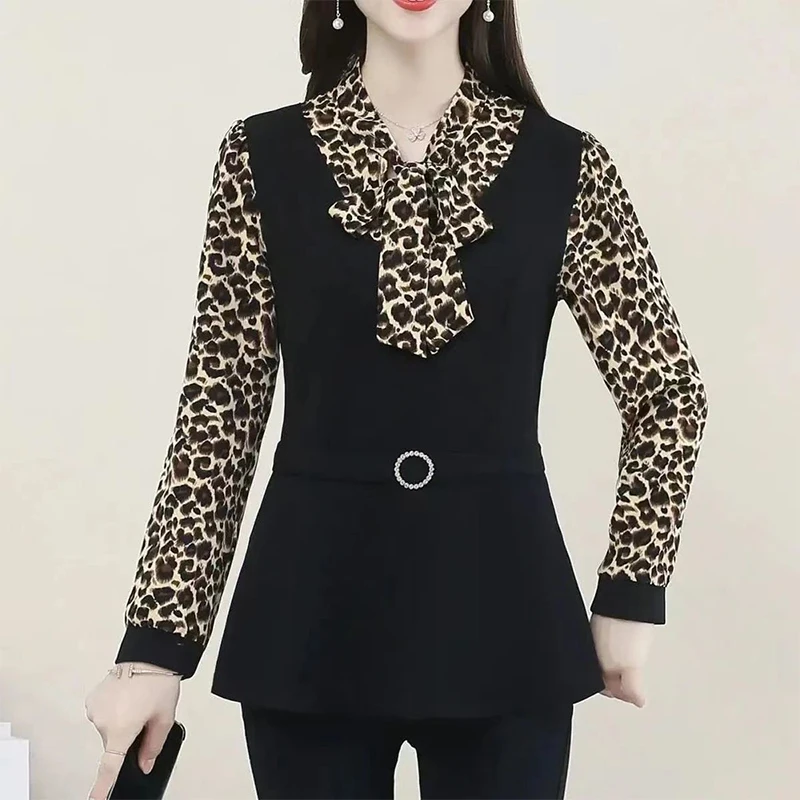 Autumn Winter Women\'s Fack Two Piece Print Pactchwork Bow Shirt Female Elegant Fashion Long Sleeve Blouse Office Lady Blusa Top