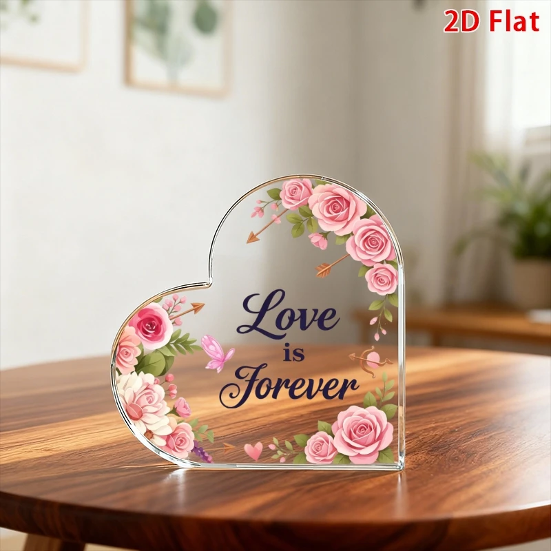 2D Flat,Heart-Shaped Acrylic Desktop Decoration,Suitable for All Room,Eternal Love Gift for Anniversary,Wedding,Minimalist Rose