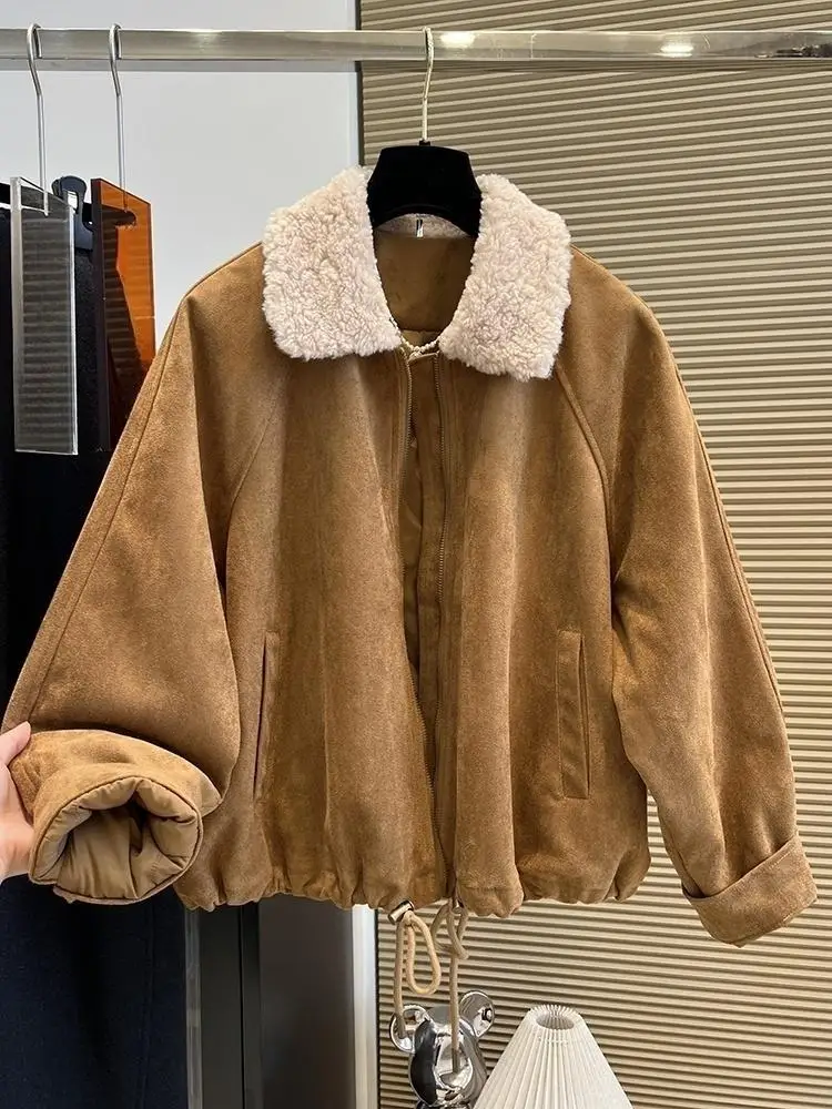 

Fall Winter 2025 Women Thick Suede Jacket Lamb Wool Turn-Down Collar Long Sleeve Lady Warm Zipper Short Coat