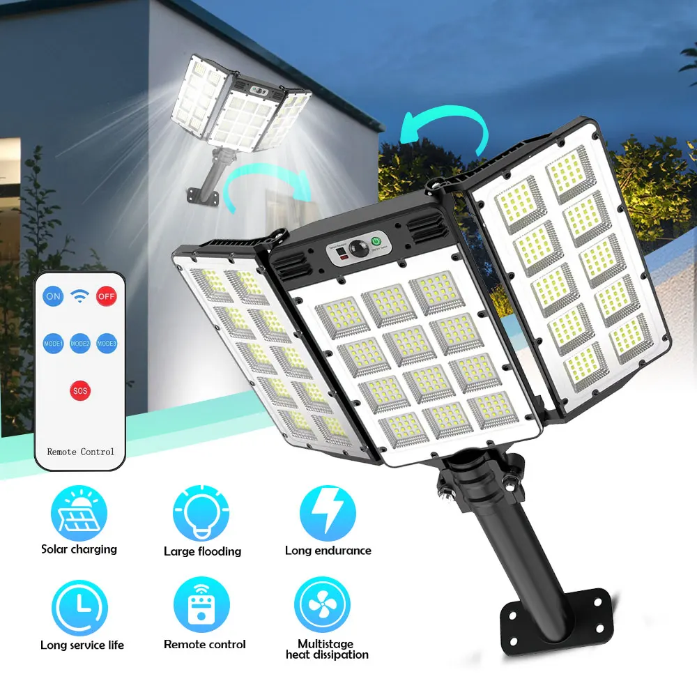 LED Solar Lights 800LED Outdoor Adjustable 3 Modes Motion Sensor Flood Lights IP66 Waterproof Remote Control Garden Lamp