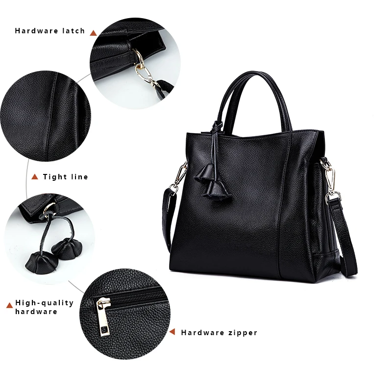 Cowhide women\'s handbag casual versatile black daily commuting single shoulder crossbody tote bag