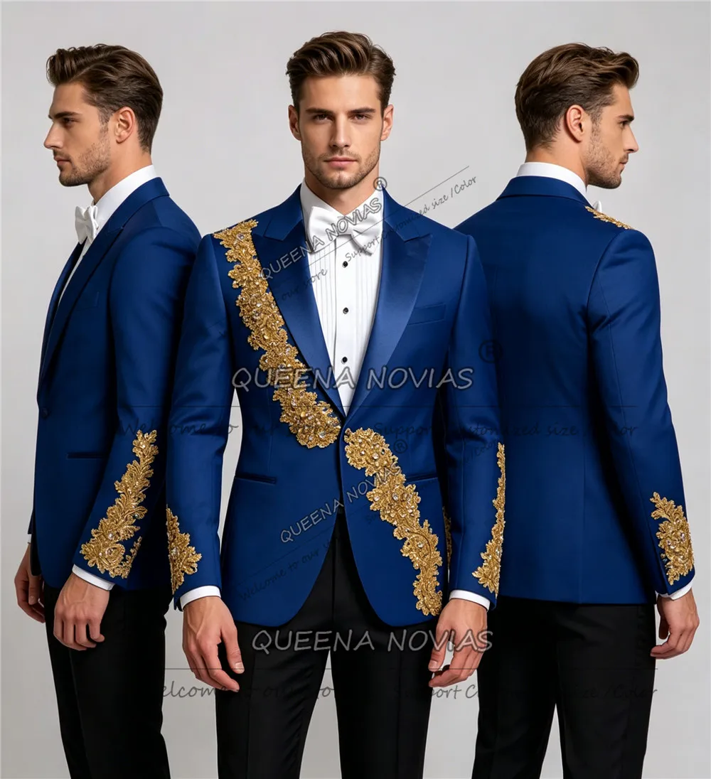 

Luxurious Shiny Crystal Groom Wedding Tuxedos Slim Fit Peak Lapel Men Suits Male Elegant Blazer Customized 2Pcs Sets Ropa Hombre