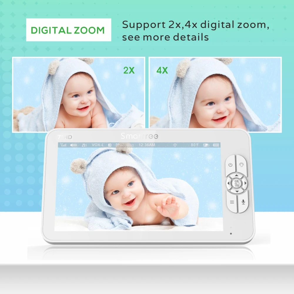 جهاز مراقبة أطفال بالفيديو عالي الدقة مقاس 7.0 بوصة مزود بكاميرتين، وزوم 4x، وشاشة مقسمة، وصوت ثنائي الاتجاه، ورؤية ليلية بالأشعة تحت الحمراء، وبطارية 4000mAh، ومراقبة المربية