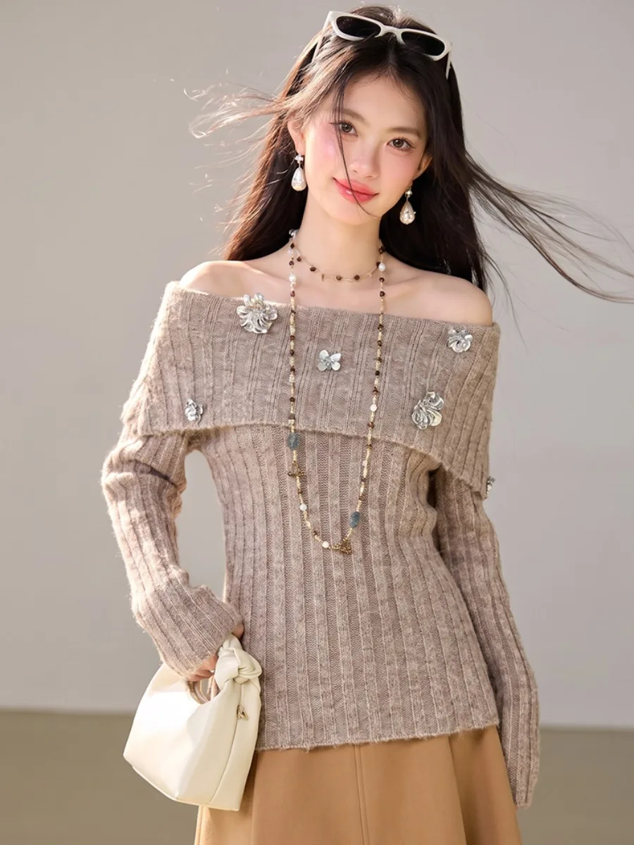 Shoulder Bared Knitted Sweater for Women Long Sleeve Soft Style Floral Embellished Slim Fit Autumn Top Casual Wear Warmth Fun...