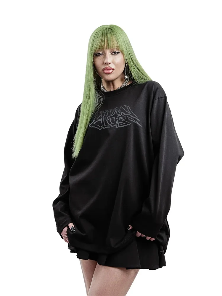 الرجال تي شيرت الشيطان نادي الجرافيك الجمجمة القوطية المتضخم كم طويل بلايز Y2k الشارع الشهير القطن الخريف موضة تيز للجنسين الملابس