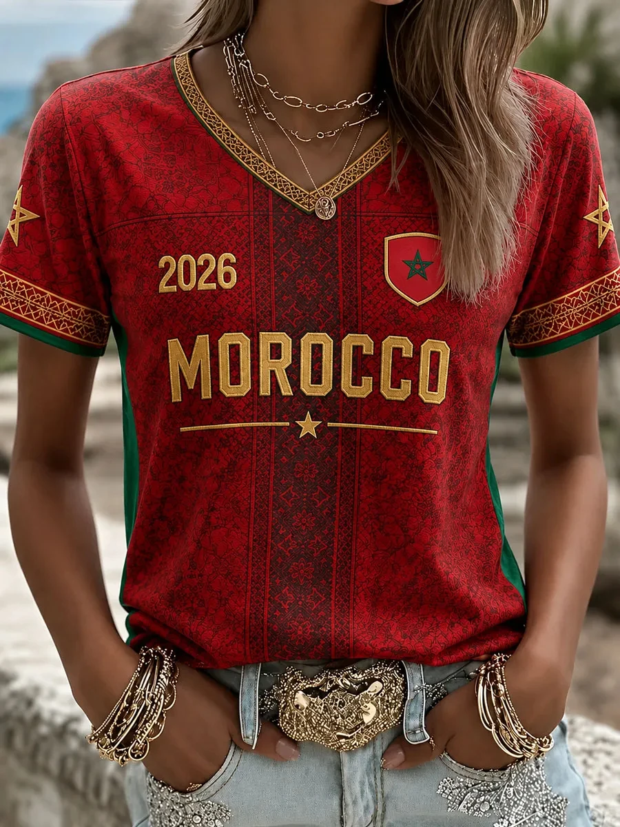 Women’s Morocco Football Printed Casual T-Shirt Football Cultural T-Shirt