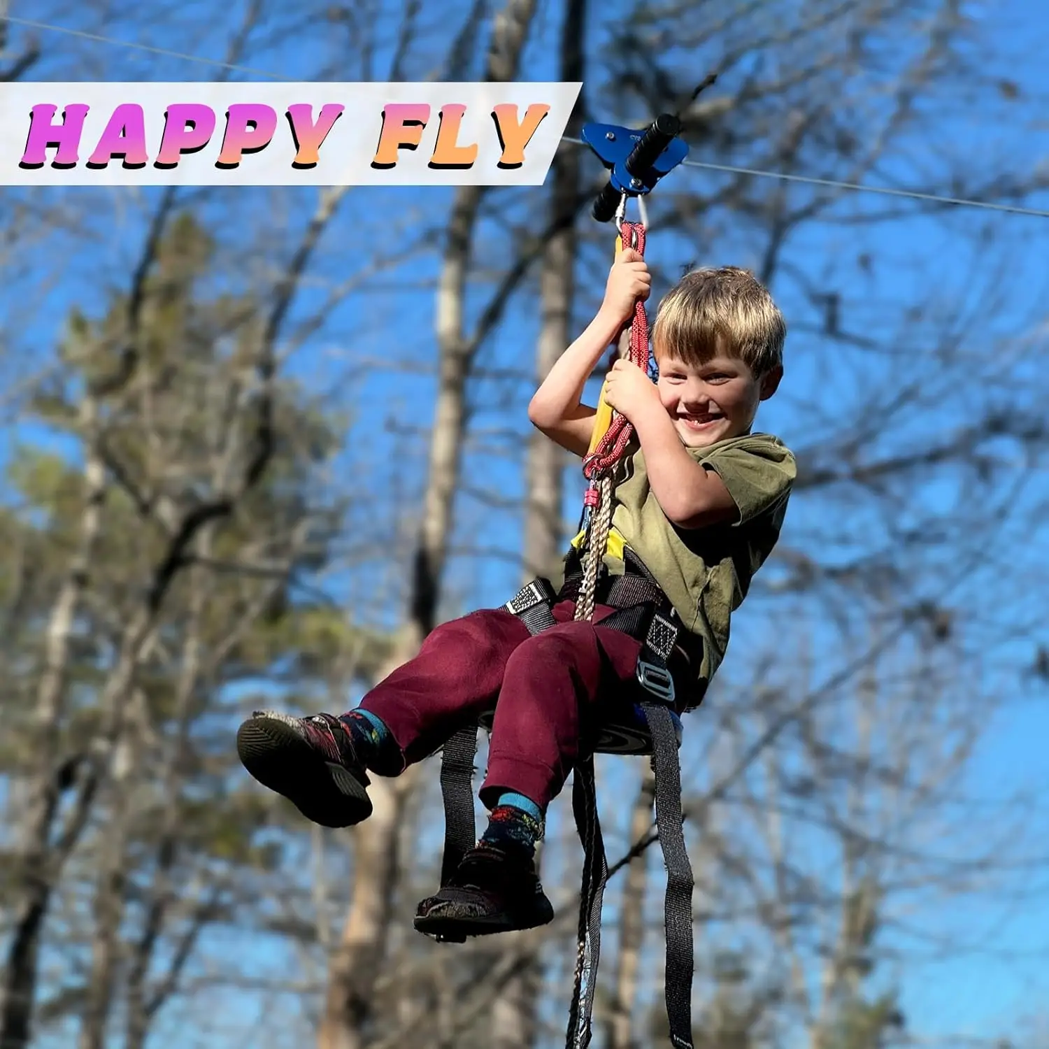 طقم Zipline بطول 30 مترًا للأطفال مع فرامل زنبركية من الفولاذ المقاوم للصدأ وعربة مقعد مع مقبض للفناء الخلفي