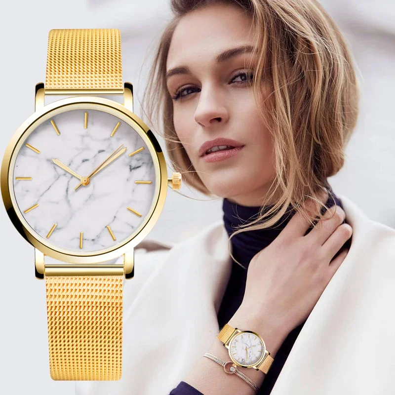 

2023 Women Luxury Mesh Band Gold Watches Fashion Marble Crack Watches Ladies Quartz Watches Clock Gift Dames Horloge Watch Strap