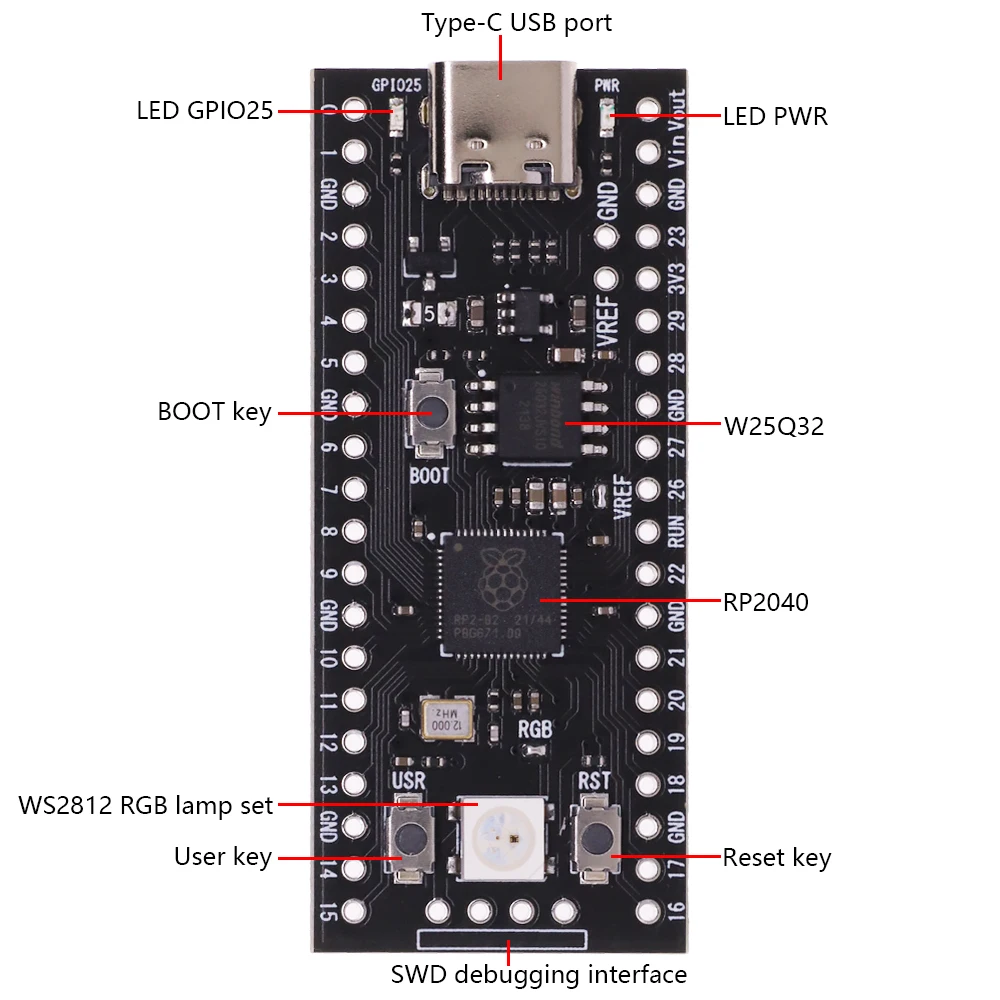 Raspberry Pi Pico Type-C USB Dual-core Cortex M0+ Processor Microcontroller Flexible Digital Interfaces RP2040 Chip for Pico