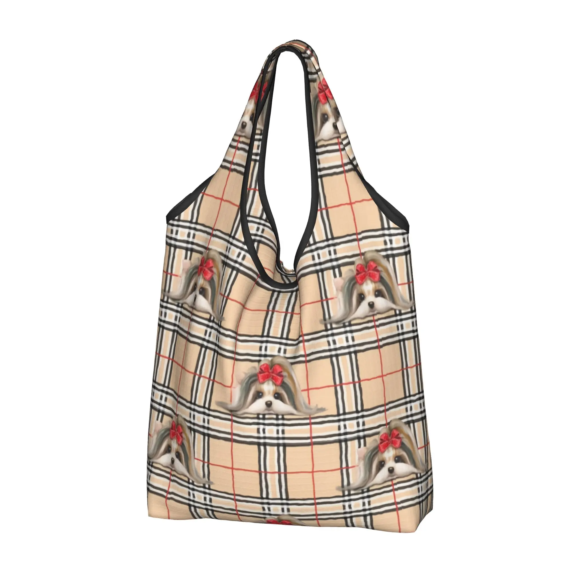 Custom Yorke Dog Yorkshire Terrier Yorkie Plaid  Shopping Bags Women Portable Big Capacity Groceries  Tote Shopper Bags
