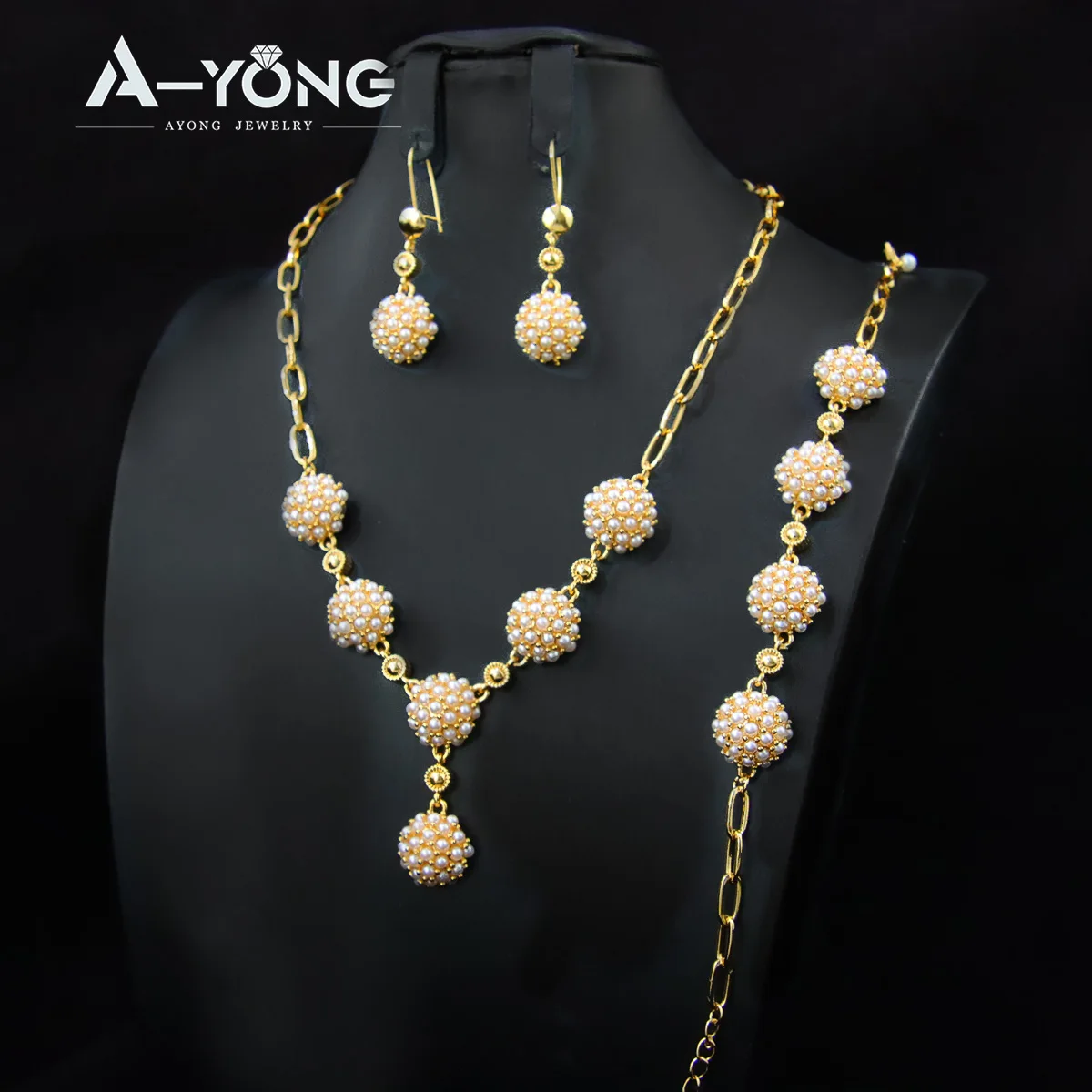 Italienisches goldfarbenes Perlen-Halsketten-Set, 21 Karat vergoldet, Dubai, eleganter Ramadan-Schmuck, arabisches islamisches Mutter-Geburtstagsparty-Geschenk – Detail 1
