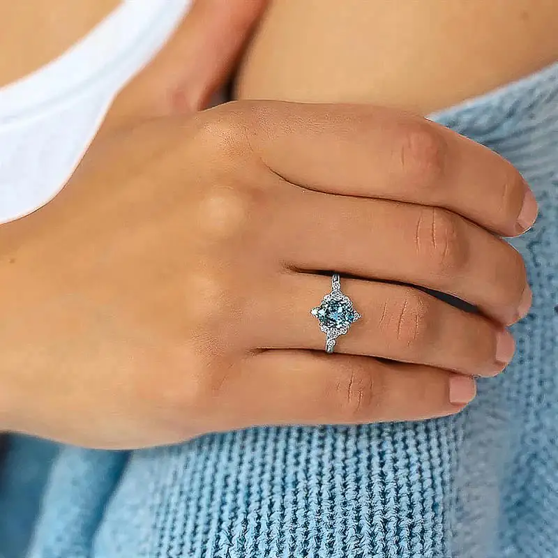 Huitan Eleganter Damenring für Hochzeit, Verlobung, luxuriös, mit hellblauem CZ-Stein, Party-Accessoires, zarter Damenschmuck, Geschenk – Detail 9