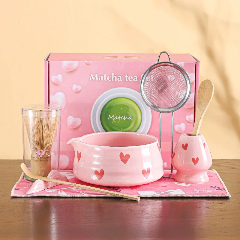 

4/5pcs Matcha Whisk Set with Pink Heart Design, Matcha Set Includes Matcha Bowl, Matcha Whisk and Whisk Holder, Scoop, Sifter,