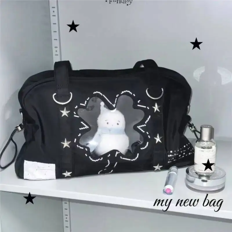 

Bloom Sweet Cute Cat Black Handbag Purse Hot Girls Nylon Transparent Ita Bag Student Haruku Aesthetic Shoulder Bags Women