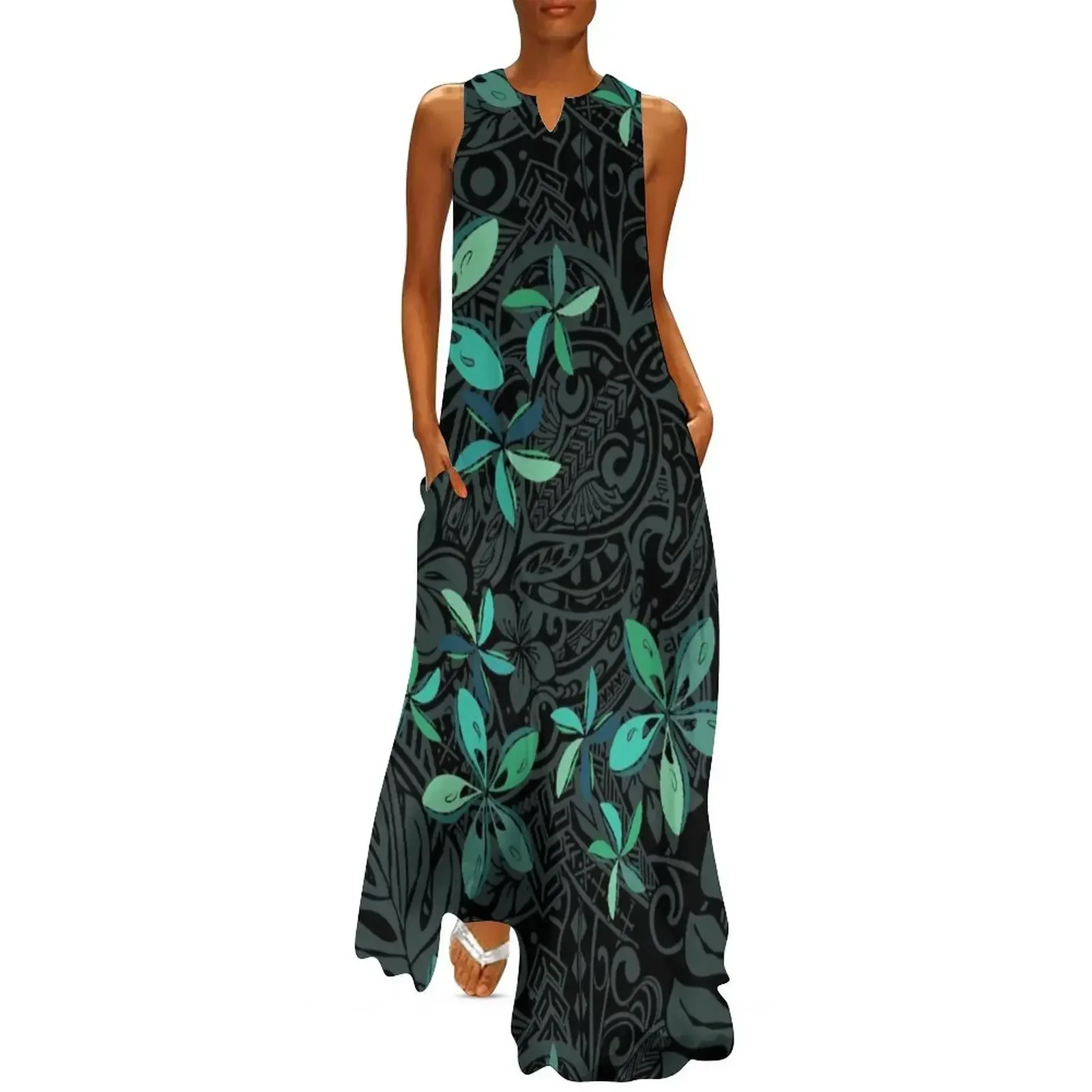 

Polynesian Slate Tribal Tiare Jungle Print Long Dress women's fashion dresses summer dress Long dress ceremony dresses