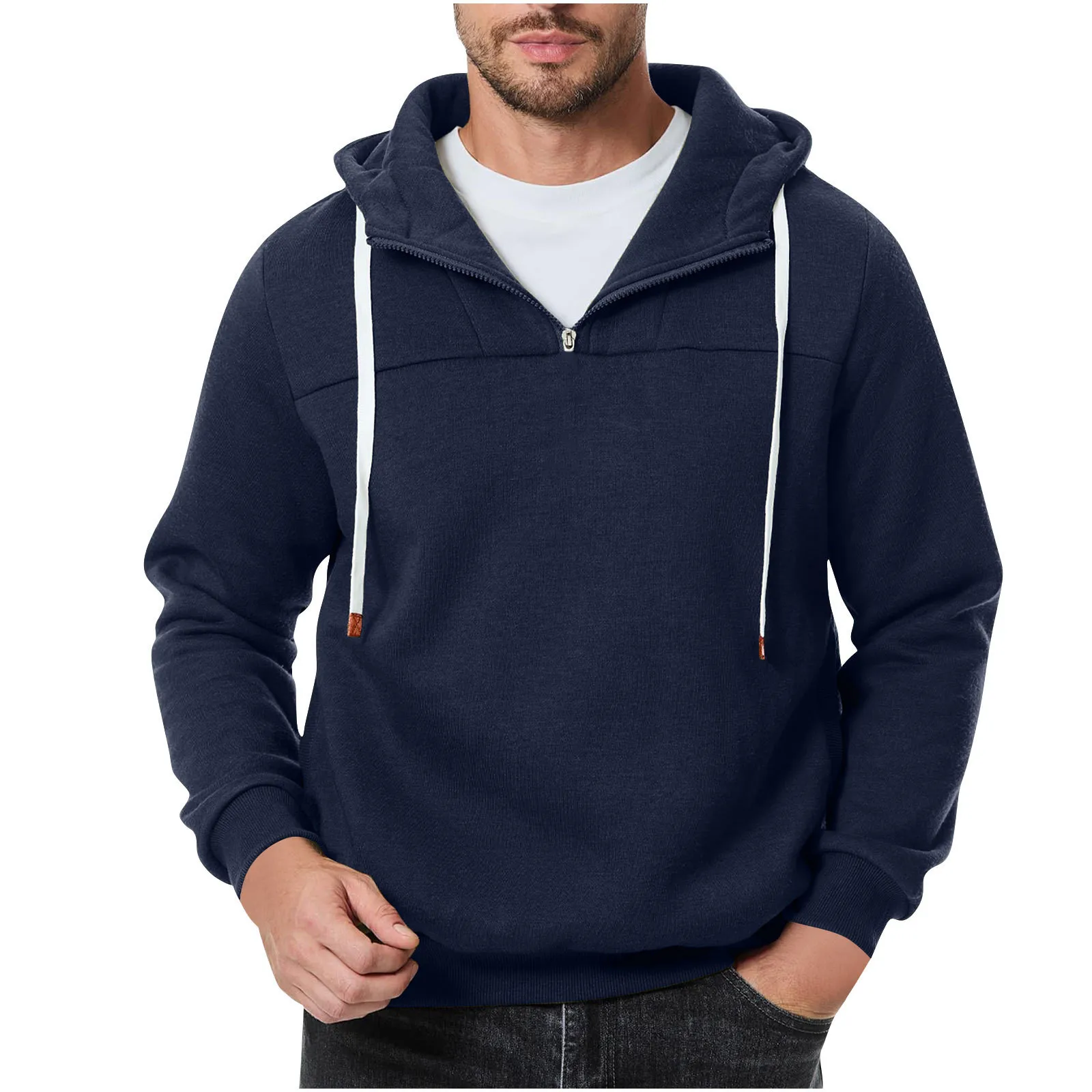 Men's Spring And Autumn Fashion Design Long Sleeve Solid Color Hoodie Casual Outdoor Half Zipper Drawstring Hoodie Sweatshirt