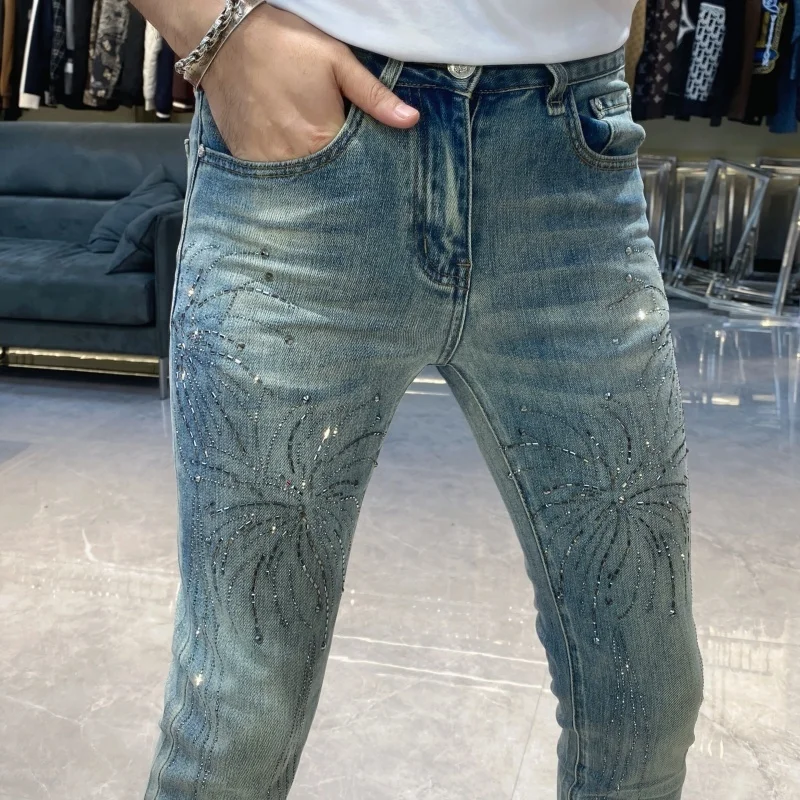 New Stylish Print Rhinestone Jeans Masculina  Autumn Men Slim Fit Jeans Hombre Streetwear Jeans Hombre Vaqueros Hombre 2025