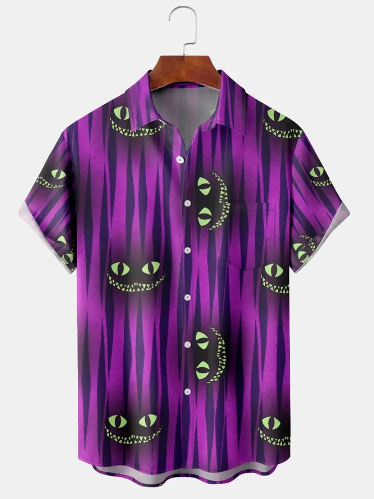 

Chemise homme tendance 2024，Summer beach style fun Halloween Grimace cartoon pattern men's short-sleeved lapel shirt