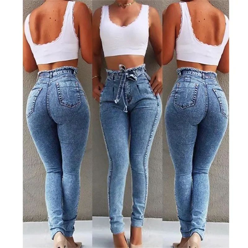 

High Waist Denim Jeans Women Slim Fit Solid Vintage Washed Skinny Jean Pencil Pants Ankle Length Pockets Sheath Basics 2025